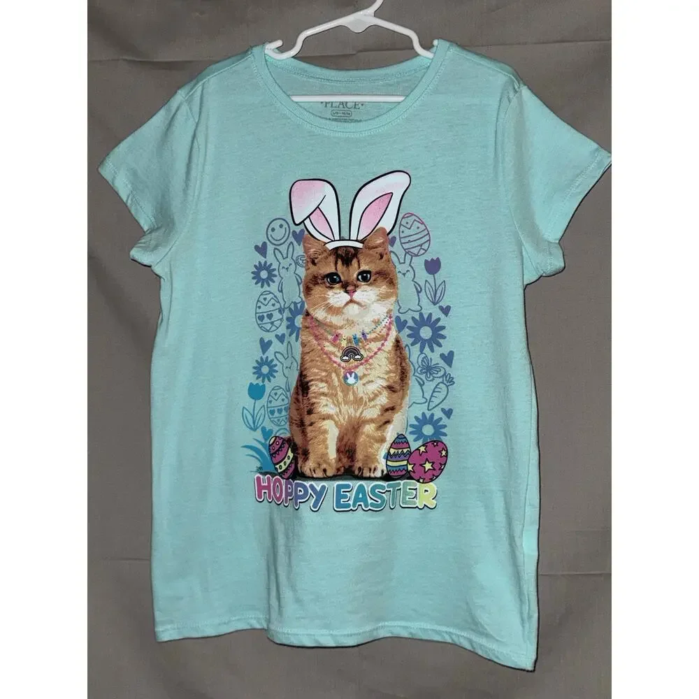 The Children’s Place Girls Hoppy Easter Cat Mint Green T-shirt, Size L (10/12)
